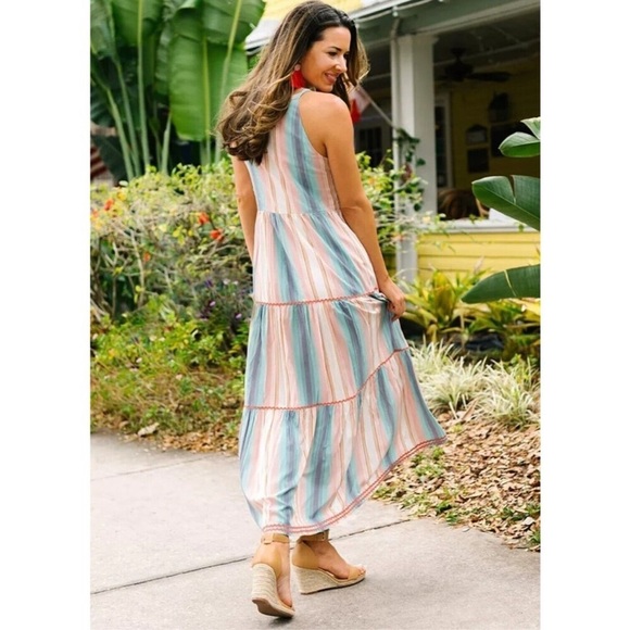 Matilda Jane Women’s Striped Multicolor Cotton Tiered Maxi Dress Large - Picture 7 of 8